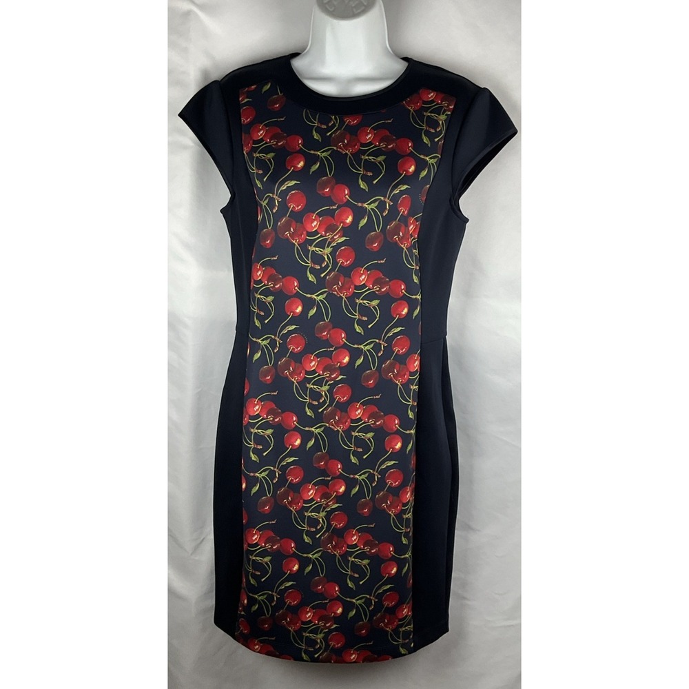 Ted Baker Women's Size 3 (6-8) Luski Cherry Print Scuba Dress Bold Gold Back Zip